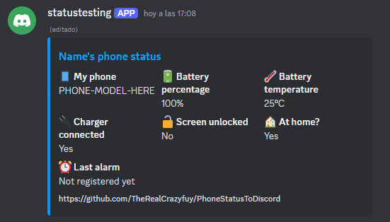 Phone Status to Discord embed